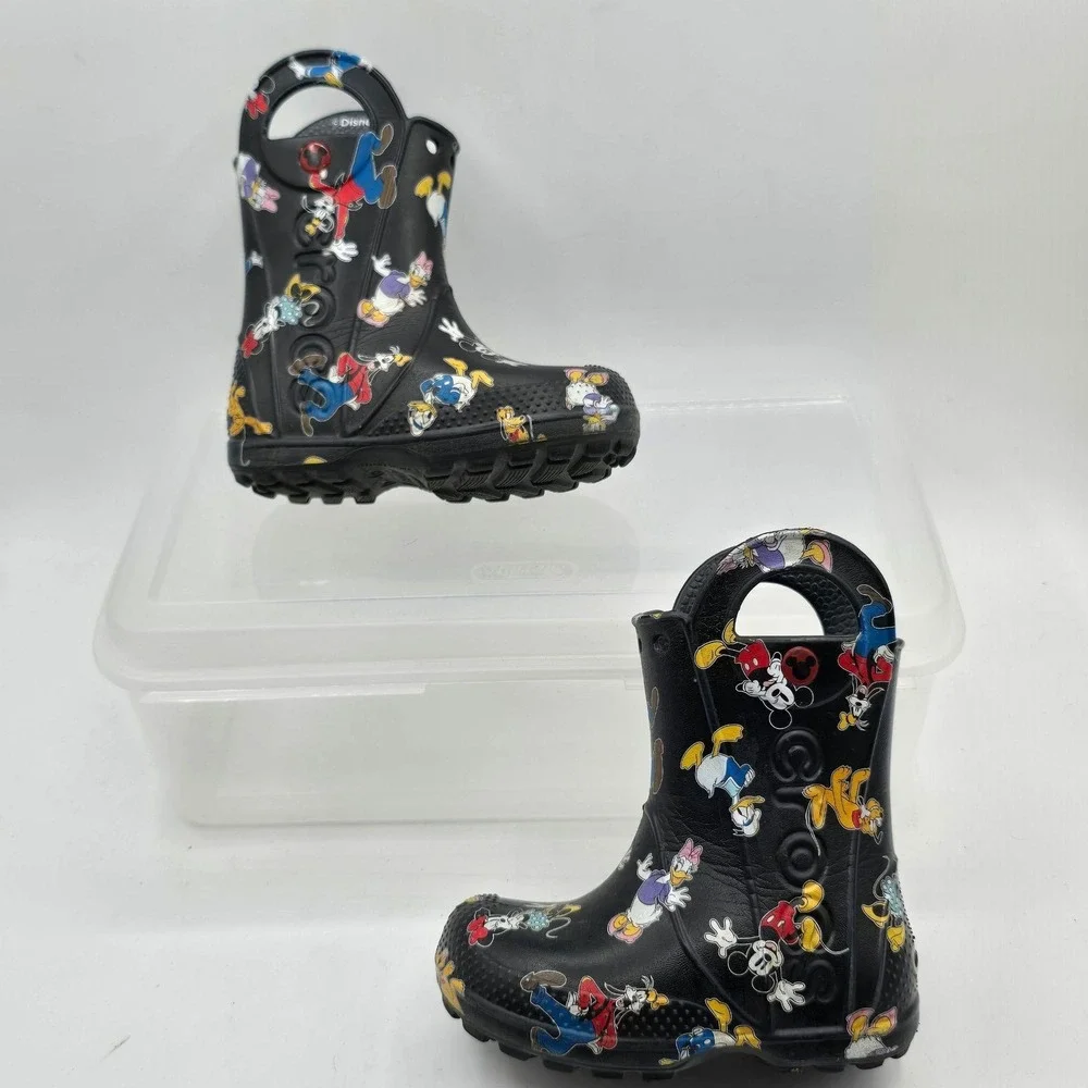Crocs Rain Boots Kids Size 7 Black Disney Mickey Minnie Goofy Pluto Print